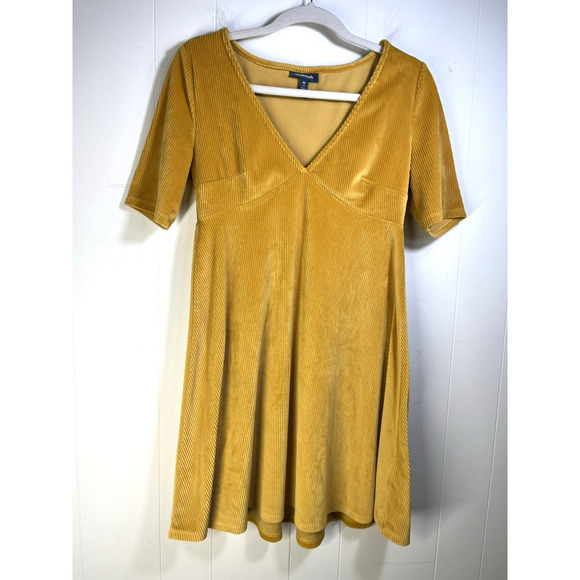 ModCloth Swinging in the 60s Corduroy Mini Dress Size Medium Yellow Gold V-neck - Picture 1 of 9